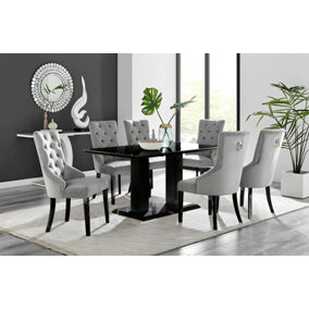 Imperia Black High Gloss 6 Seater Dining Table with Structural 2 Plinth Column Legs 6 Grey Velvet Black Leg Belgravia Chairs
