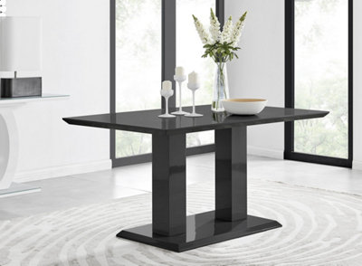 Imperia Black High Gloss 6 Seater Dining Table with Structural 2 Plinth Column Legs 6 Grey Velvet Black Leg Calla Art Deco Chairs
