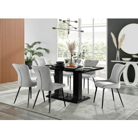 Imperia Black High Gloss 6 Seater Dining Table with Structural 2 Plinth Column Legs 6 Light Grey Velvet Black Leg Nora Chairs