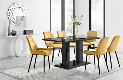 Imperia Black High Gloss 6 Seater Dining Table with Structural 2 Plinth Column Legs 6 Mustard Velvet Black Leg Pesaro Chairs