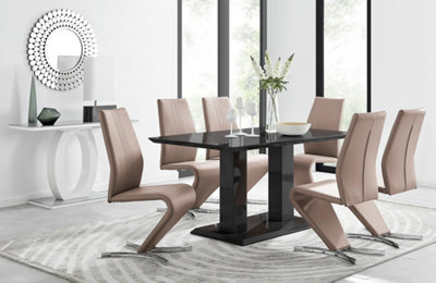 Imperia Black High Gloss 6 Seater Dining Table with Structural 2 Plinth Column Legs And 6 Beige Faux Leather Willow Chairs