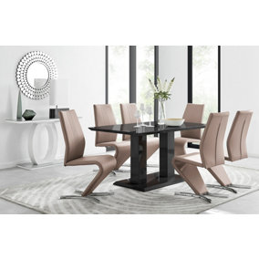 Imperia Black High Gloss 6 Seater Dining Table with Structural 2 Plinth Column Legs And 6 Beige Faux Leather Willow Chairs