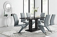 Imperia Black High Gloss 6 Seater Dining Table with Structural 2 Plinth Column Legs And 6 Elephant Grey Faux Leather Willow Chairs