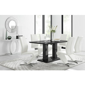 Imperia Black High Gloss 6 Seater Dining Table with Structural 2 Plinth Column Legs And 6 White Faux Leather Willow Chairs