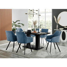 Imperia Black High Gloss 6 Seater Dining Table with Structural 2 Plinth Column Legs Blue Fabric Black Leg Falun Chairs
