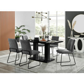 Imperia Black High Gloss 6 Seater Dining Table with Structural 2 Plinth Column Legs Dark Grey Fabric Halle Modern Chairs