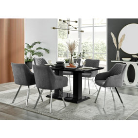 Imperia Black High Gloss 6 Seater Dining Table with Structural 2 Plinth Column Legs Dark Grey Fabric Silver Leg Falun Chairs