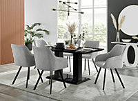Imperia Black High Gloss 6 Seater Dining Table with Structural 2 Plinth Column Legs Light Grey Fabric Black Leg Falun Chairs
