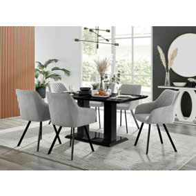 Imperia Black High Gloss 6 Seater Dining Table with Structural 2 Plinth Column Legs Light Grey Fabric Black Leg Falun Chairs