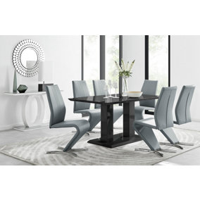 Imperia Black High Gloss Dining Table And 6 Elephant Grey Luxury Willow Dining Chairs Set