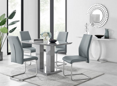 Imperia Grey High Gloss 4 Seater Dining Table with Structural 2 Plinth Column Legs 4 Grey Faux Leather Lorenzo Chairs