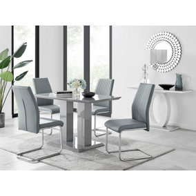 Imperia Grey High Gloss 4 Seater Dining Table with Structural 2 Plinth Column Legs 4 Grey Faux Leather Lorenzo Chairs