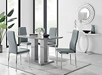 Imperia Grey High Gloss 4 Seater Dining Table with Structural 2 Plinth Column Legs 4 Grey Faux Leather Silver Leg Milan Chairs