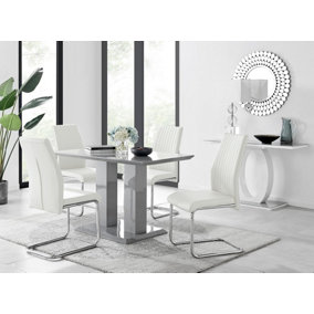 Imperia Grey High Gloss 4 Seater Dining Table with Structural 2 Plinth Column Legs 4 White Faux Leather Lorenzo Chairs