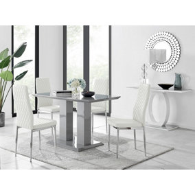 Imperia Grey High Gloss 4 Seater Dining Table with Structural 2 Plinth Column Legs 4 White Faux Leather Silver Leg Milan Chairs