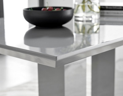 Imperia Grey High Gloss 4 Seater Dining Table with Structural 2 Plinth Column Legs Perfect for Modern Minimalist Dining Rooms