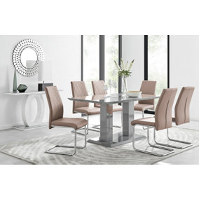 Imperia Grey High Gloss 6 Seater Dining Table with Structural 2 Plinth Column Legs 6 Beige Faux Leather Lorenzo Cantilever Chairs