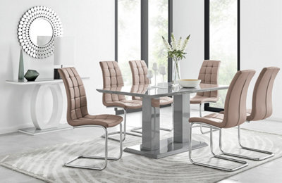 Imperia Grey High Gloss 6 Seater Dining Table with Structural 2 Plinth Column Legs 6 Beige Padded Faux Leather Murano Chairs