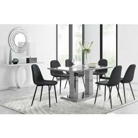 Imperia Grey High Gloss 6 Seater Dining Table with Structural 2 Plinth Column Legs 6 Black Faux Leather Black Leg Corona Chairs