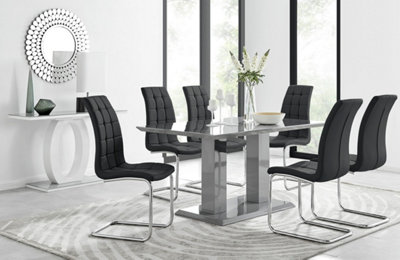 Imperia Grey High Gloss 6 Seater Dining Table with Structural 2 Plinth Column Legs 6 Black Padded Faux Leather Murano Chairs