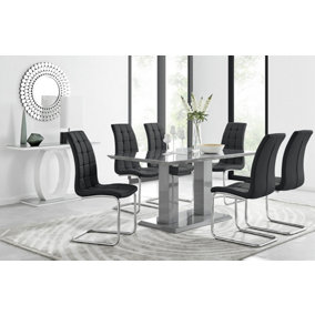 Imperia Grey High Gloss 6 Seater Dining Table with Structural 2 Plinth Column Legs 6 Black Padded Faux Leather Murano Chairs