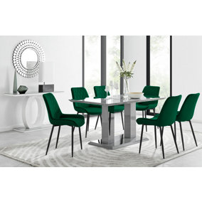 Imperia Grey High Gloss 6 Seater Dining Table with Structural 2 Plinth Column Legs 6 Black Velvet Black Leg Pesaro Chairs