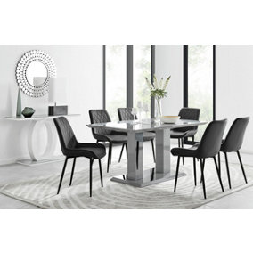 Imperia Grey High Gloss 6 Seater Dining Table with Structural 2 Plinth Column Legs 6 Black Velvet Black Leg Pesaro Chairs