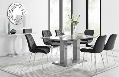 Imperia Grey High Gloss 6 Seater Dining Table with Structural 2 Plinth Column Legs 6 Black Velvet Silver Leg Pesaro Chairs