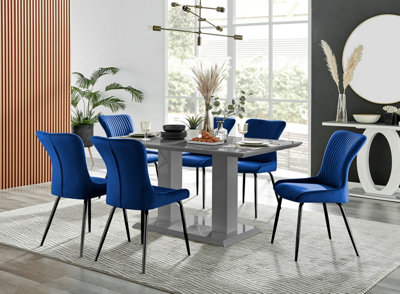 Imperia Grey High Gloss 6 Seater Dining Table with Structural 2 Plinth Column Legs 6 Blue Velvet Black Leg Nora Chairs