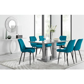 Imperia Grey High Gloss 6 Seater Dining Table with Structural 2 Plinth Column Legs 6 Blue Velvet Black Leg Pesaro Chairs
