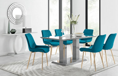 Imperia Grey High Gloss 6 Seater Dining Table with Structural 2 Plinth Column Legs 6 Blue Velvet Gold Leg Pesaro Chairs