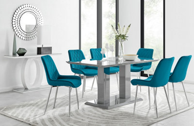 Imperia Grey High Gloss 6 Seater Dining Table with Structural 2 Plinth Column Legs 6 Blue Velvet Silver Leg Pesaro Chairs