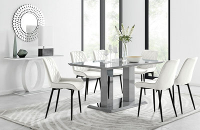 Imperia Grey High Gloss 6 Seater Dining Table with Structural 2 Plinth Column Legs 6 Cream Velvet Black Leg Pesaro Chairs