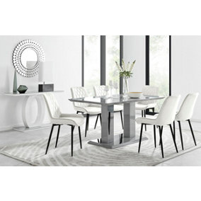 Imperia Grey High Gloss 6 Seater Dining Table with Structural 2 Plinth Column Legs 6 Cream Velvet Black Leg Pesaro Chairs