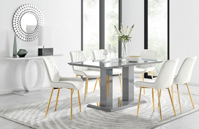 Imperia Grey High Gloss 6 Seater Dining Table with Structural 2 Plinth Column Legs 6 Cream Velvet Gold Leg Pesaro Chairs