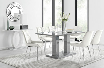 Imperia Grey High Gloss 6 Seater Dining Table with Structural 2 Plinth Column Legs 6 Cream Velvet Silver Leg Pesaro Chairs
