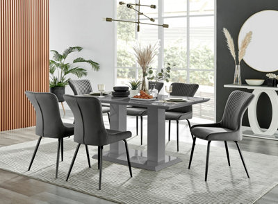 Imperia Grey High Gloss 6 Seater Dining Table with Structural 2 Plinth Column Legs 6 Dark Grey Velvet Black Leg Nora Chairs