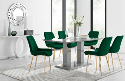 Imperia Grey High Gloss 6 Seater Dining Table with Structural 2 Plinth Column Legs 6 Green Velvet Gold Leg Pesaro Chairs