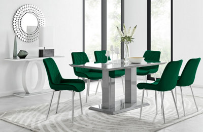 Imperia Grey High Gloss 6 Seater Dining Table with Structural 2 Plinth Column Legs 6 Green Velvet Silver Leg Pesaro Chairs