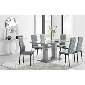 Imperia Grey High Gloss 6 Seater Dining Table with Structural 2 Plinth Column Legs 6 Grey Faux Leather Black Leg Milan Chairs