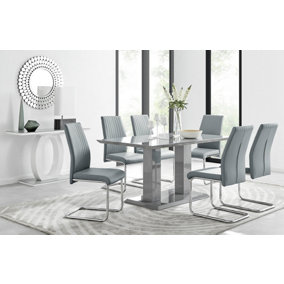 Imperia Grey High Gloss 6 Seater Dining Table with Structural 2 Plinth Column Legs 6 Grey Faux Leather Lorenzo Cantilever Chairs