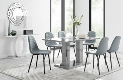 Imperia Grey High Gloss 6 Seater Dining Table with Structural 2 Plinth Column Legs 6 Grey Faux Leather Silver Leg Corona Chairs