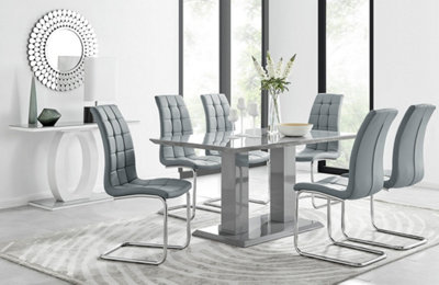 Imperia Grey High Gloss 6 Seater Dining Table with Structural 2 Plinth Column Legs 6 Grey Padded Faux Leather Murano Chairs