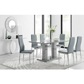Imperia Grey High Gloss 6 Seater Dining Table with Structural 2 Plinth Column Legs 6 Grey Stitched Faux Leather Milan Chairs