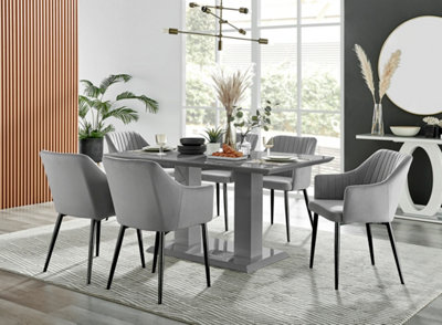 Imperia Grey High Gloss 6 Seater Dining Table with Structural 2 Plinth Column Legs 6 Grey Velvet Black Leg Calla Art Deco Chairs