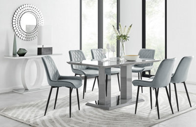 Imperia Grey High Gloss 6 Seater Dining Table with Structural 2 Plinth Column Legs 6 Grey Velvet Black Leg Pesaro Chairs