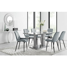 Imperia Grey High Gloss 6 Seater Dining Table with Structural 2 Plinth Column Legs 6 Grey Velvet Black Leg Pesaro Chairs