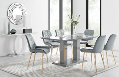 Imperia Grey High Gloss 6 Seater Dining Table with Structural 2 Plinth Column Legs 6 Grey Velvet Gold Leg Pesaro Chairs