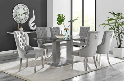 Imperia Grey High Gloss 6 Seater Dining Table with Structural 2 Plinth Column Legs 6 Grey Velvet Silver Leg Belgravia Chairs