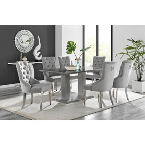 Imperia Grey High Gloss 6 Seater Dining Table with Structural 2 Plinth Column Legs 6 Grey Velvet Silver Leg Belgravia Chairs